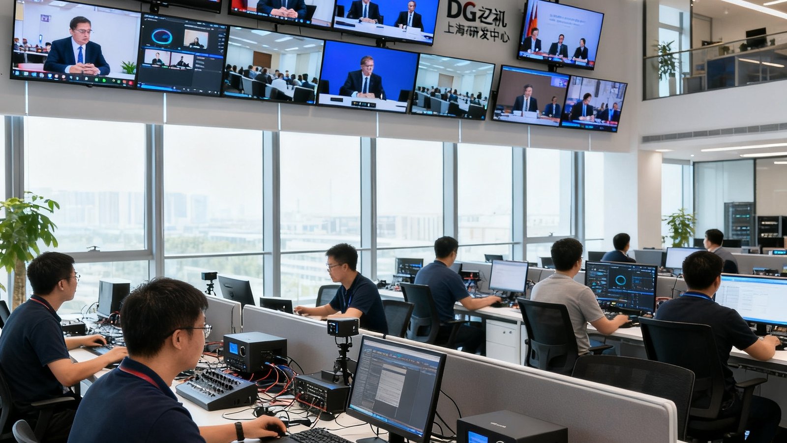 DG视讯上海研发中心开放式办公区，数十名工程师在工位前调试视频会议硬件设备，墙面悬挂多块4K大屏实时显示跨国会议测试画面，自然光从落地窗洒入