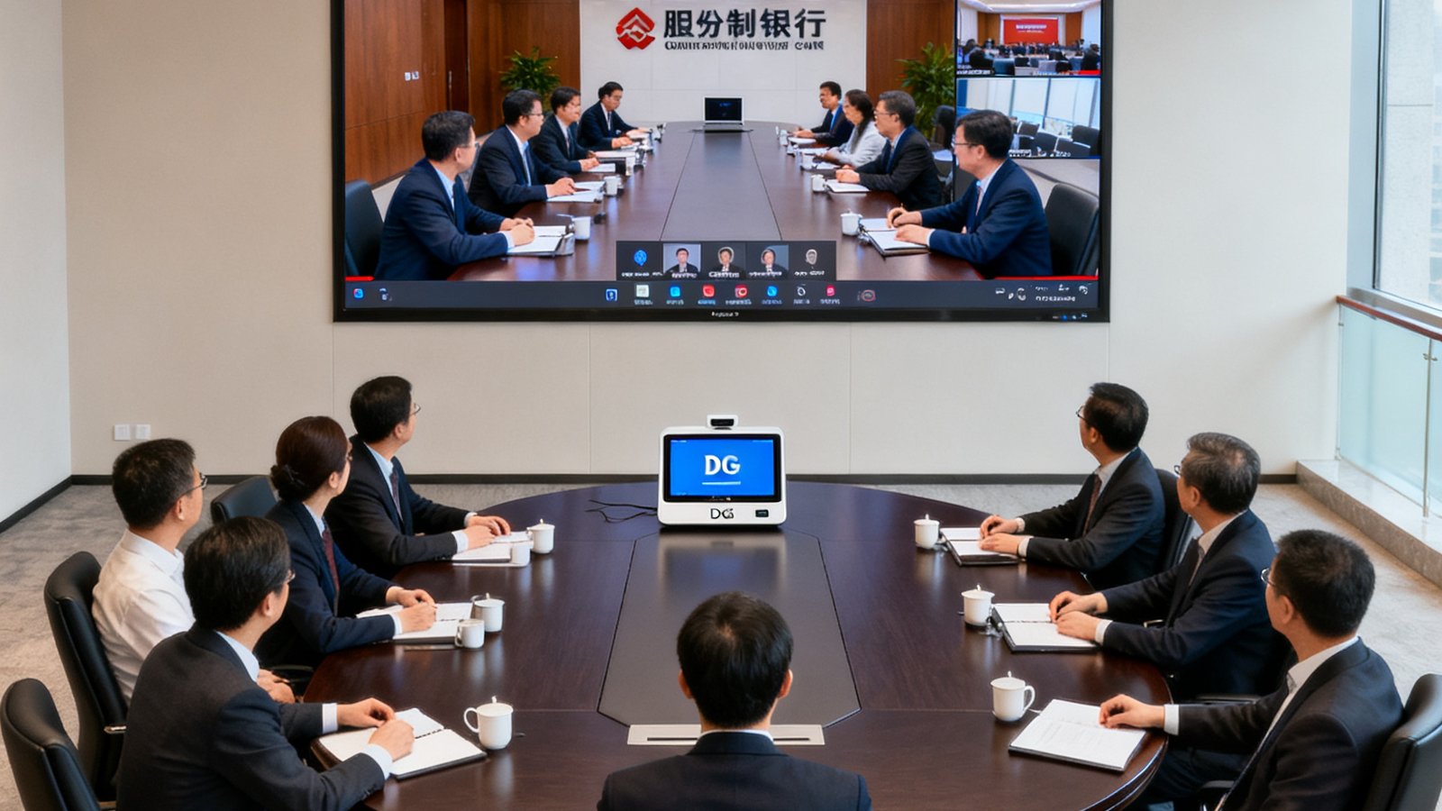 某股份制银行总行视频会议室实景拍摄，12人深色圆桌中央摆放DG-M300终端，对面墙壁安装86英寸4K大屏，画面中正在进行远程信贷审批会议