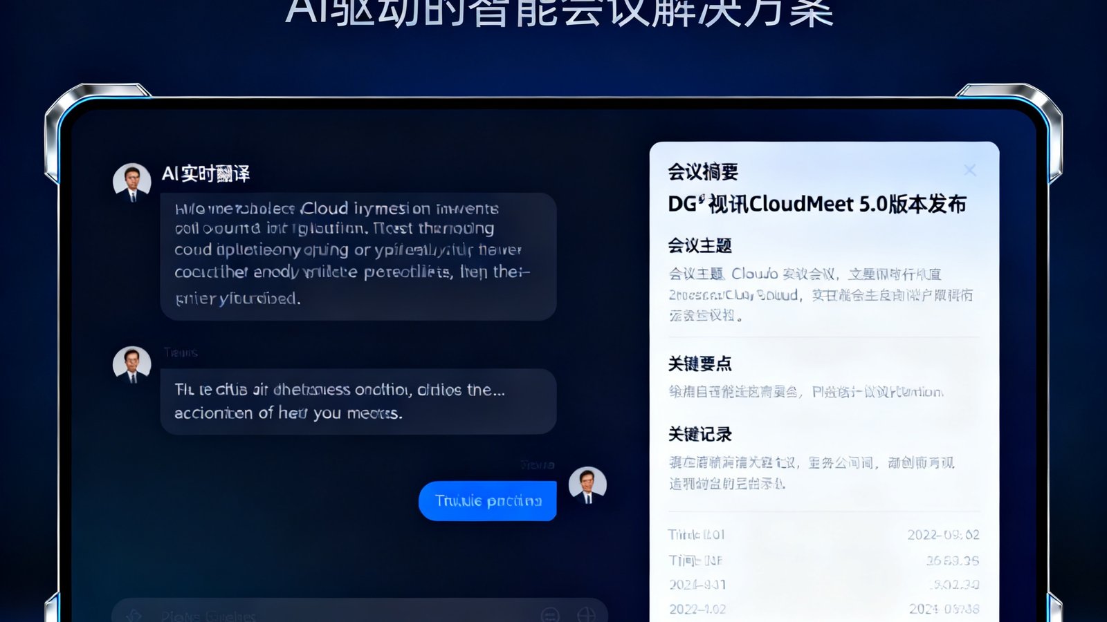 DG视讯CloudMeet 5.0版本发布宣传图，深蓝渐变背景上展示AI实时翻译对话界面和自动生成的会议摘要卡片