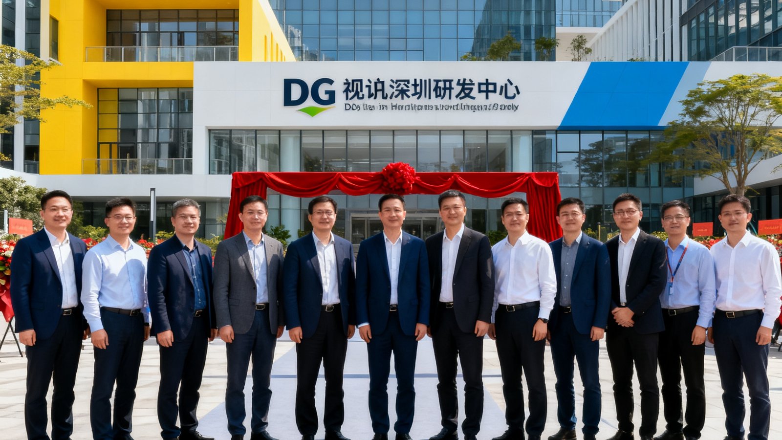 DG视讯深圳研发中心揭牌仪式，核心团队成员在新办公楼前合影，背景为深圳湾科技生态园建筑群