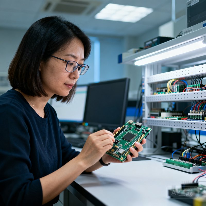 王瑞琳，DG视讯联合创始人兼CTO，35岁女性，齐肩短发戴眼镜，在实验室工位前手持一块嵌入式开发板专注调试