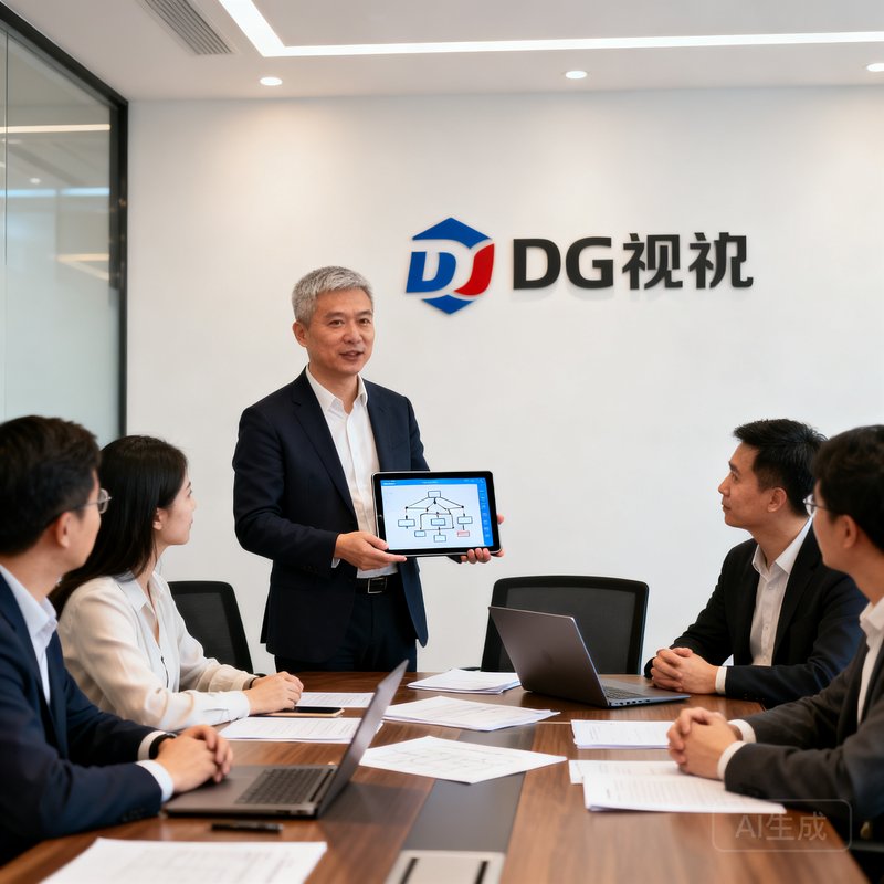 张明辉，DG视讯联合创始人兼COO，42岁男性，短发干练，在客户会议室中与客户团队交流部署方案，手持平板展示拓扑图